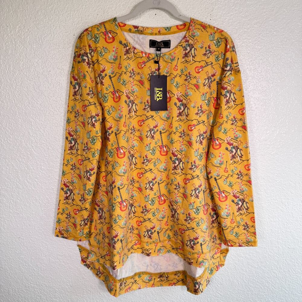 Lucky and Blessed Top Womens Medium Tunic Western Cowgirl Guitar Print Rodeo NEW